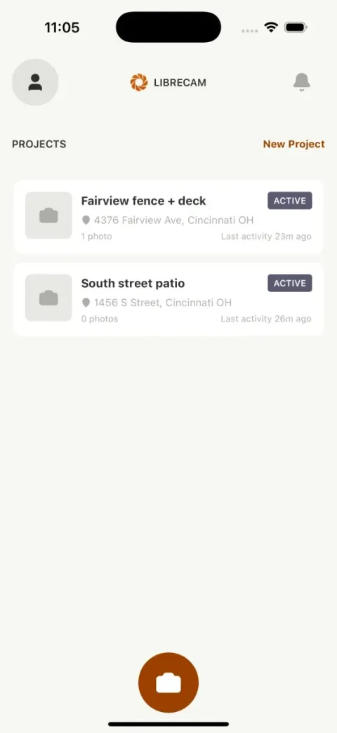 LibreCam projects list showing active jobsites with addresses